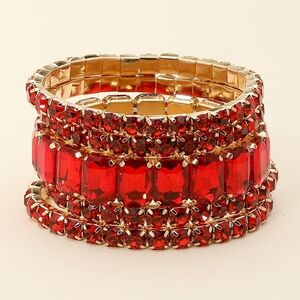 Red Emerald Cut Crystal Wide Stretch Bracelet 5 Pcs Bling 1.75 Inches